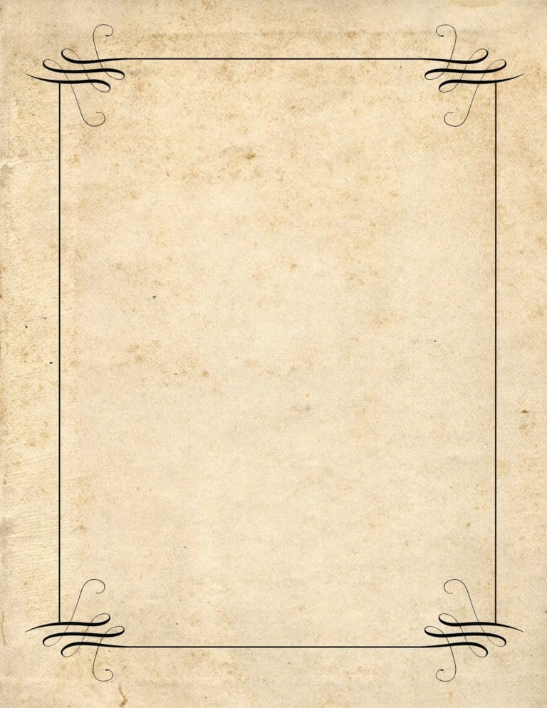 Vintage parchment-style paper background in soft cream and black with an ornate decorative line frame.